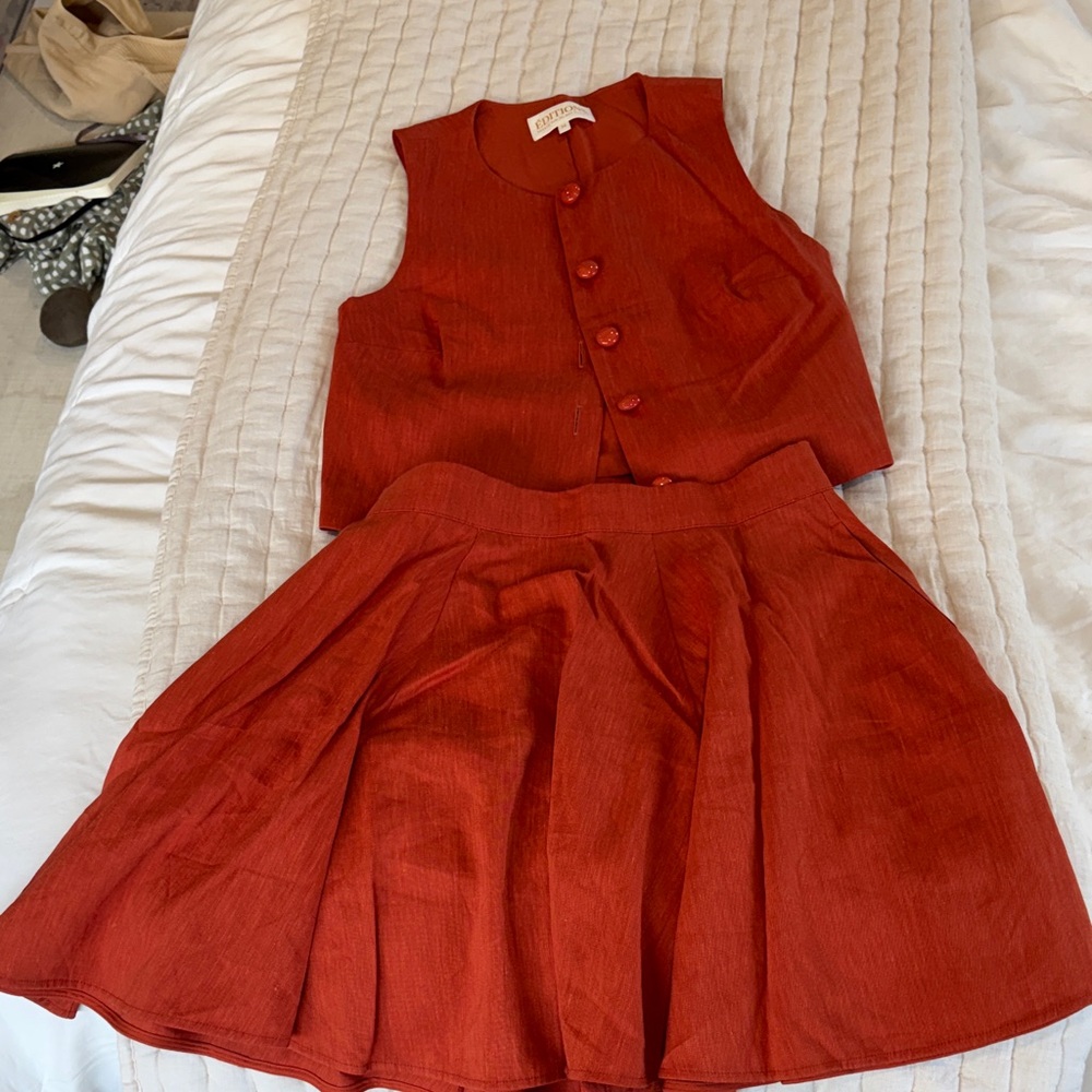 Sezane Rust Red Sleeveless Button Vest & Pleated Skirt Set